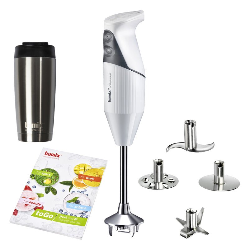 Batidora de mano Bamix SwissLine con accesorios, procesador, jarra y soporte