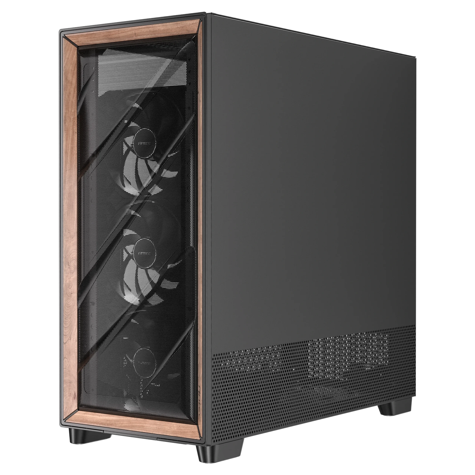 Caja para PC Antec FLUX PRO con frontal de malla y detalles de madera