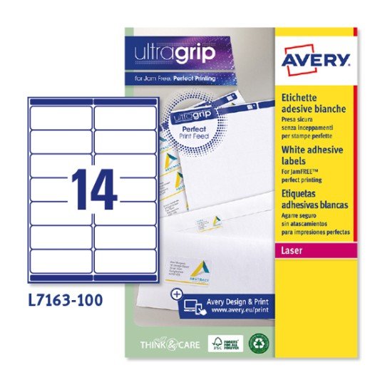 Etiquetas adhesivas blancas Avery UltraGrip L7163-100 para impresión láser