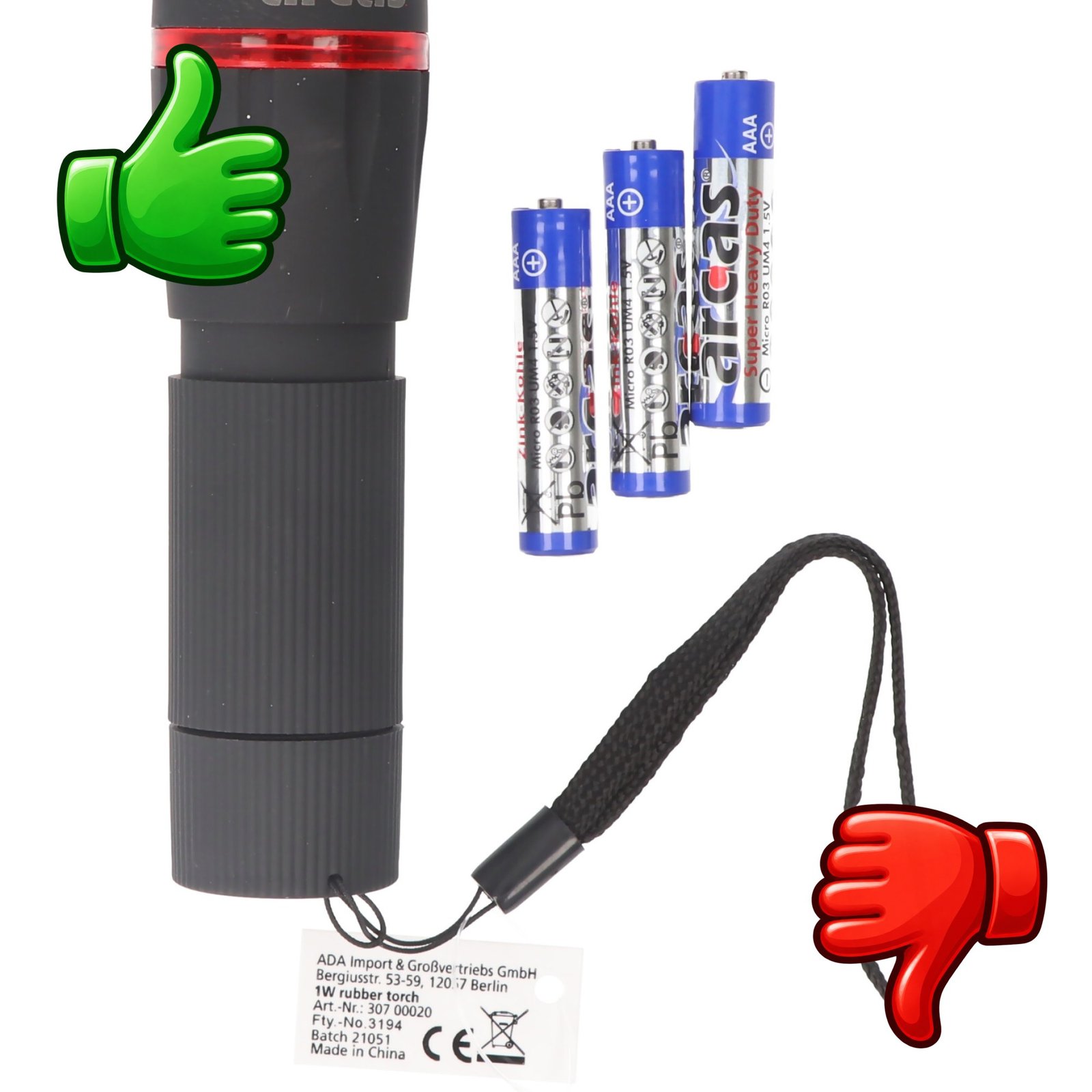 Linterna LED ARCAS de 1 W con función zoom y pilas AAA