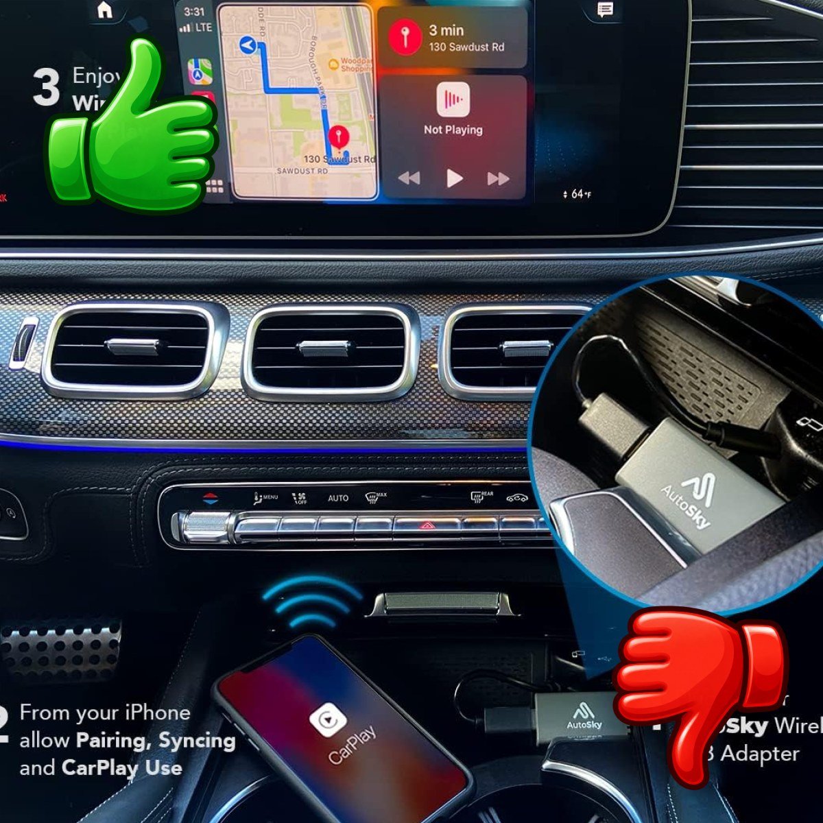 Adaptador inalámbrico AutoSky conectado a un vehículo con Apple CarPlay