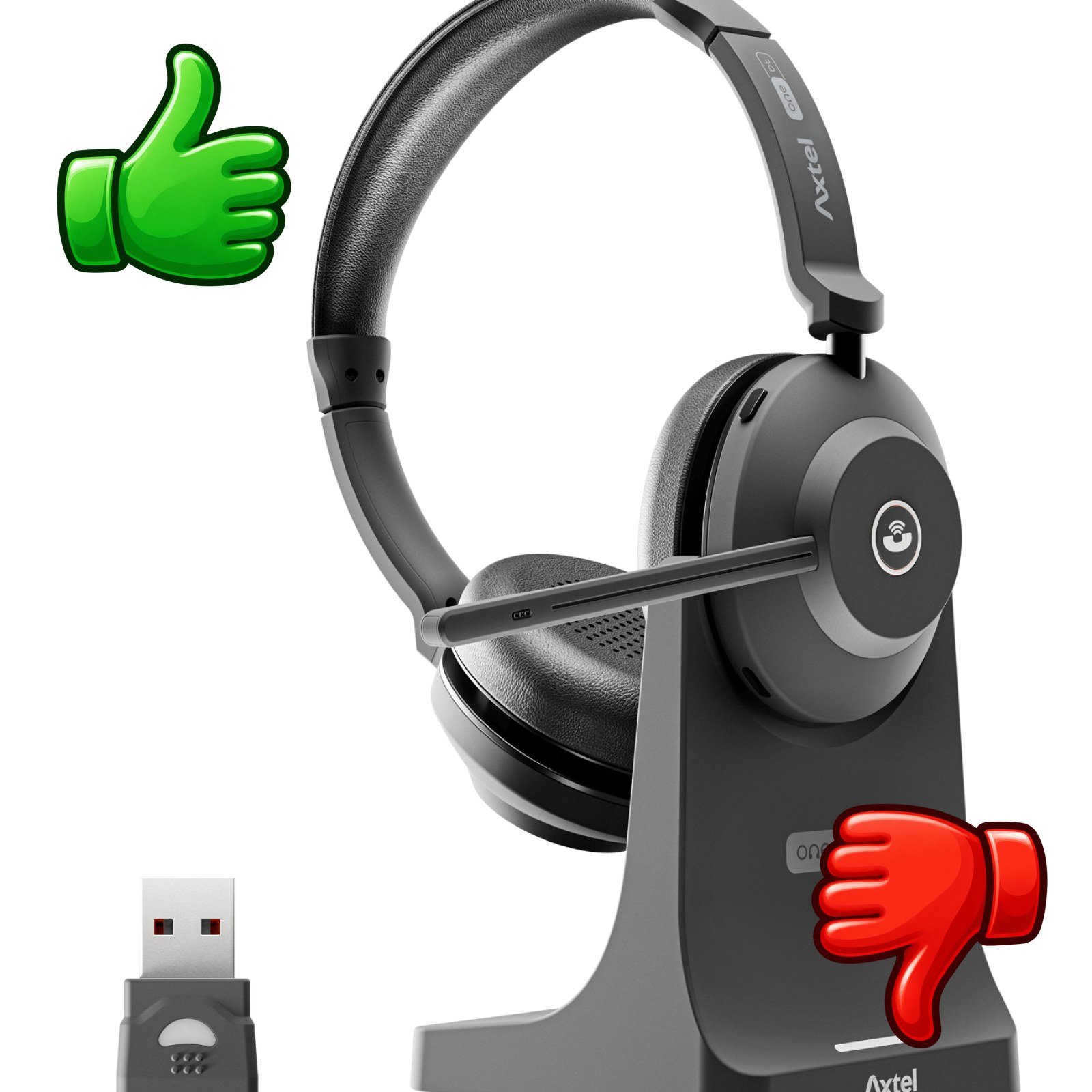 Auriculares profesionales inalámbricos Axtel One BT stereo con micrófono, base de carga y adaptador USB