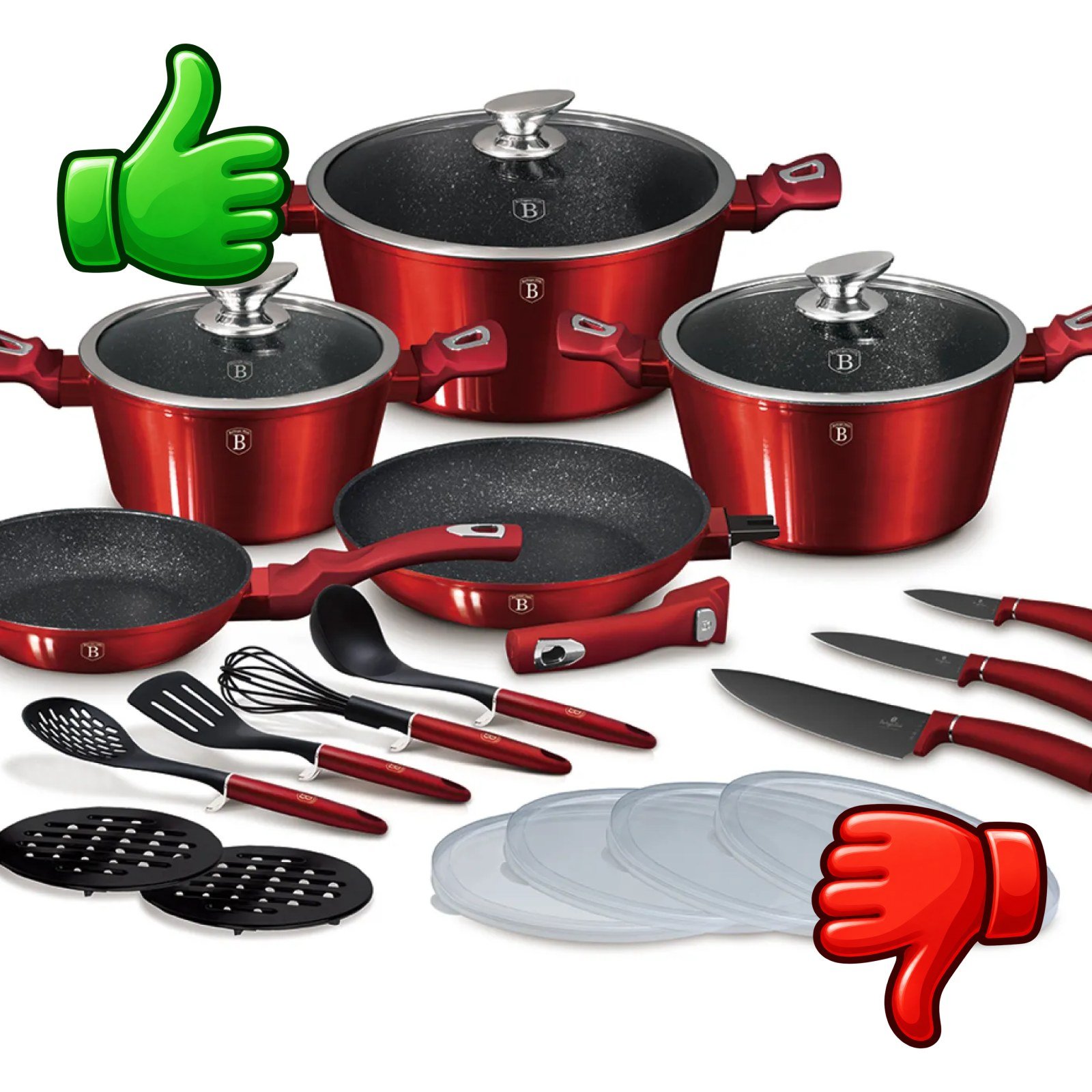 Set de 22 piezas BerlingerHaus Metallic Line Burgundy con ollas, sartenes, cuchillos y utensilios