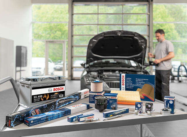 Productos Bosch para automóvil con batería, filtros, escobillas y recambios