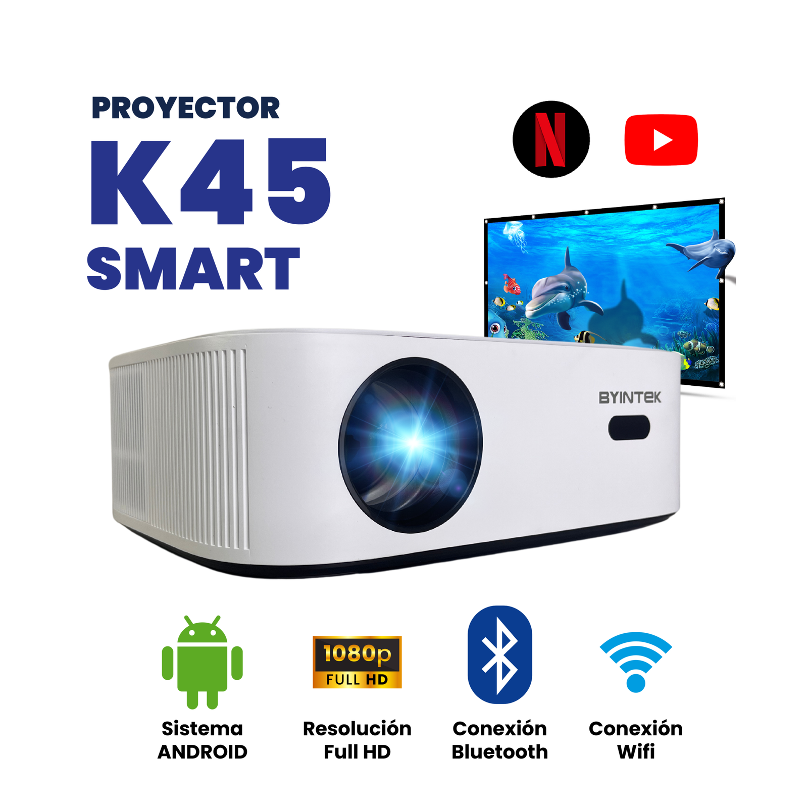 Proyector inteligente Byintek K45 Full HD con Android, WiFi y Bluetooth