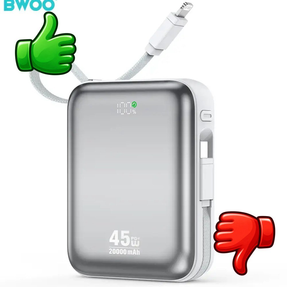 BWOO P78 power bank de 20000 mAh con carga rápida de 45 W y cables integrados