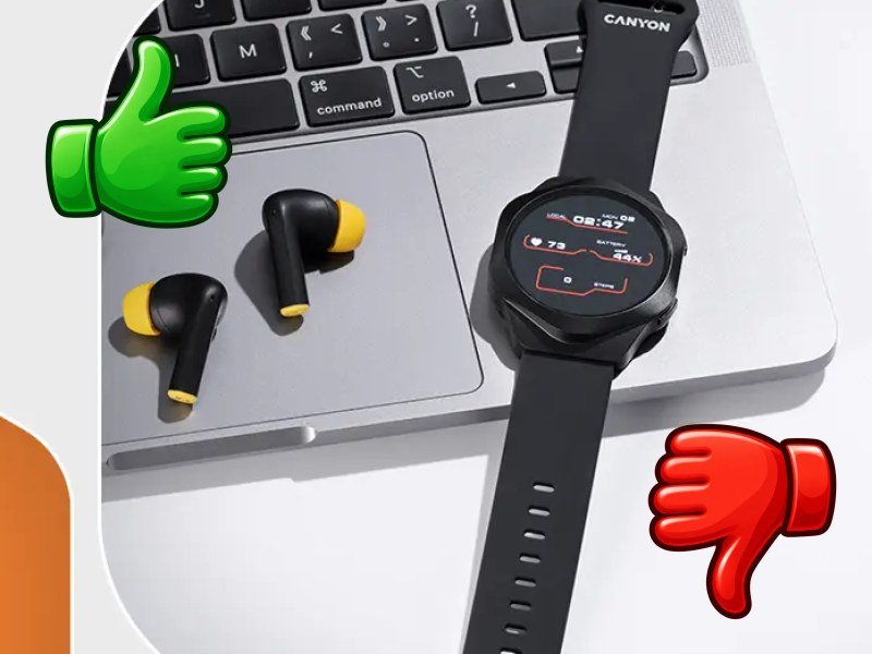 Smartwatch CANYON Hexagon 88 negro junto a auriculares inalámbricos de la serie Hexagon