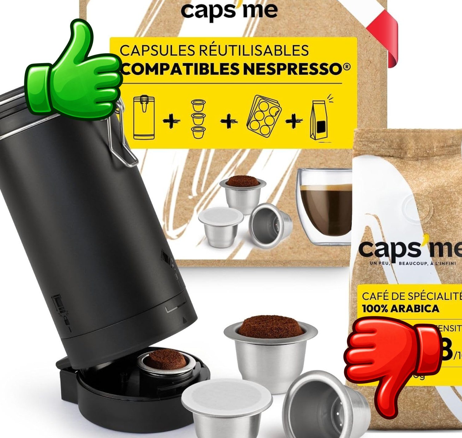 Coffret CAPS ME con cápsulas reutilizables de acero inoxidable, sistema de recarga y café molido