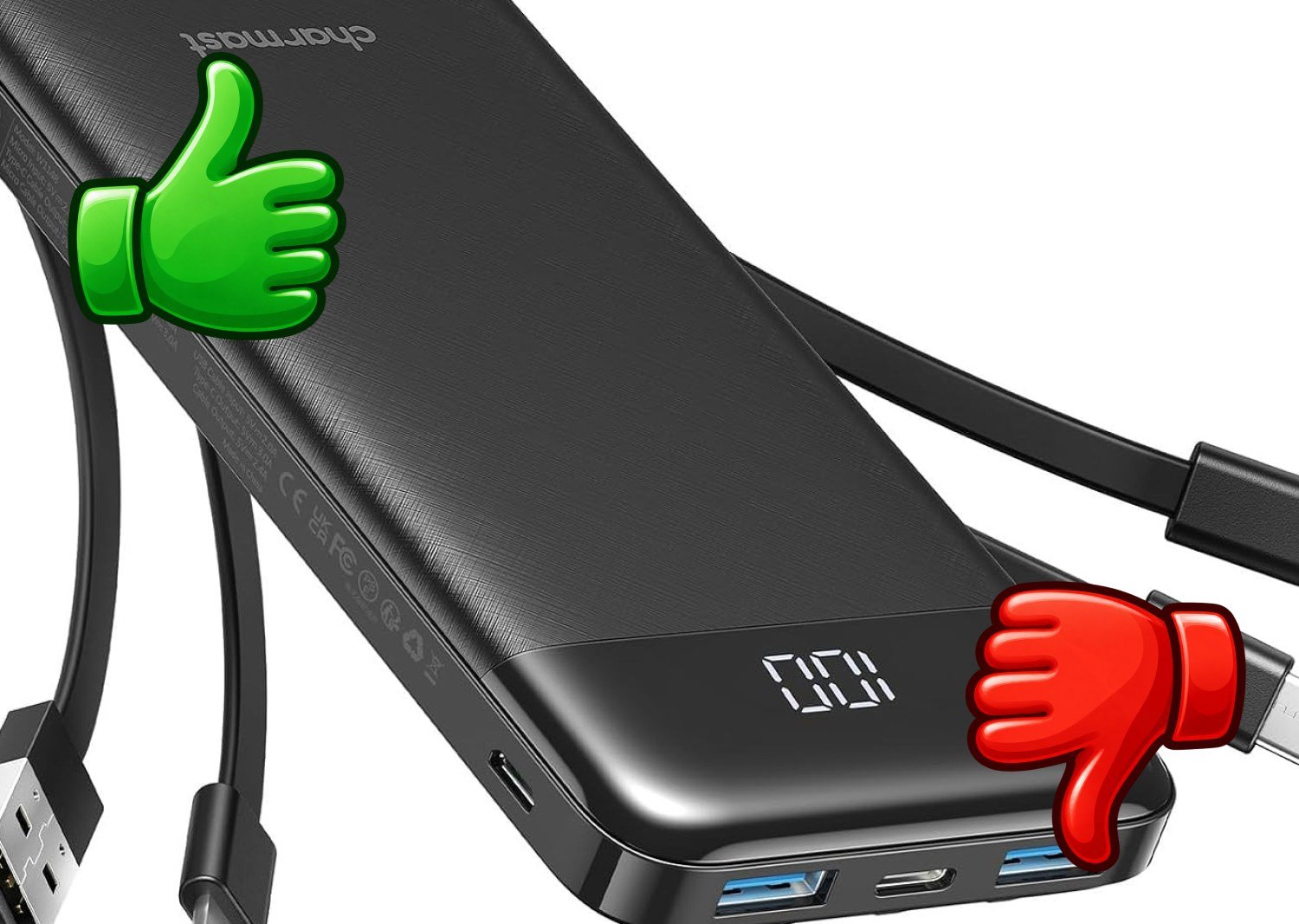 Batería externa CHARMAST de 10000 mAh con cuatro cables integrados, pantalla LED y múltiples salidas de carga
