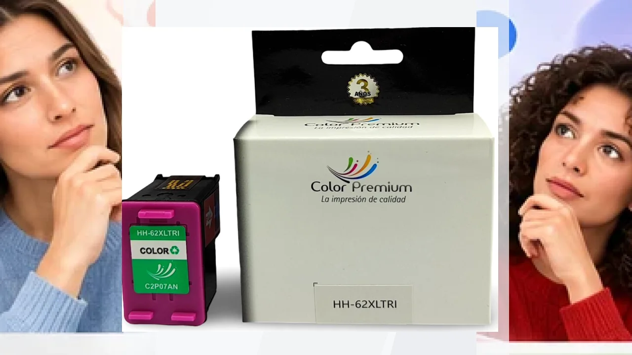 Cartucho de tinta tricolor Color Premium compatible con HP 62XL junto a su embalaje