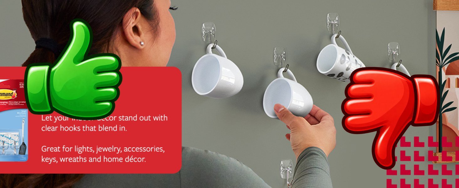 Ganchos adhesivos transparentes Command de 3M utilizados para colgar tazas sin perforar la pared